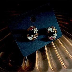 Gold Tone Floral Crescent Moon Earrings